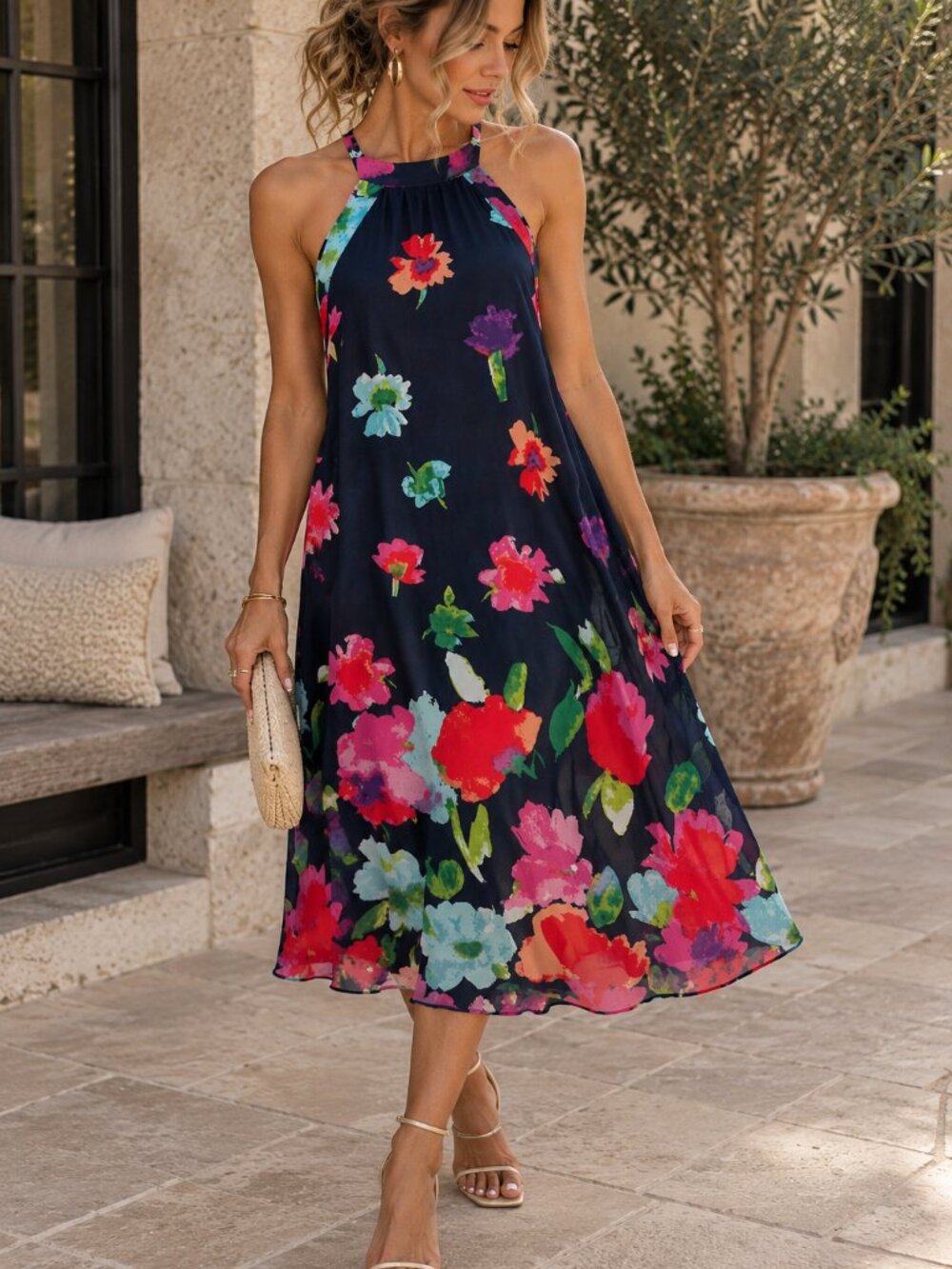 Betsey Johnson Navy Watercolor Floral Halter Midi Dress – Size 12